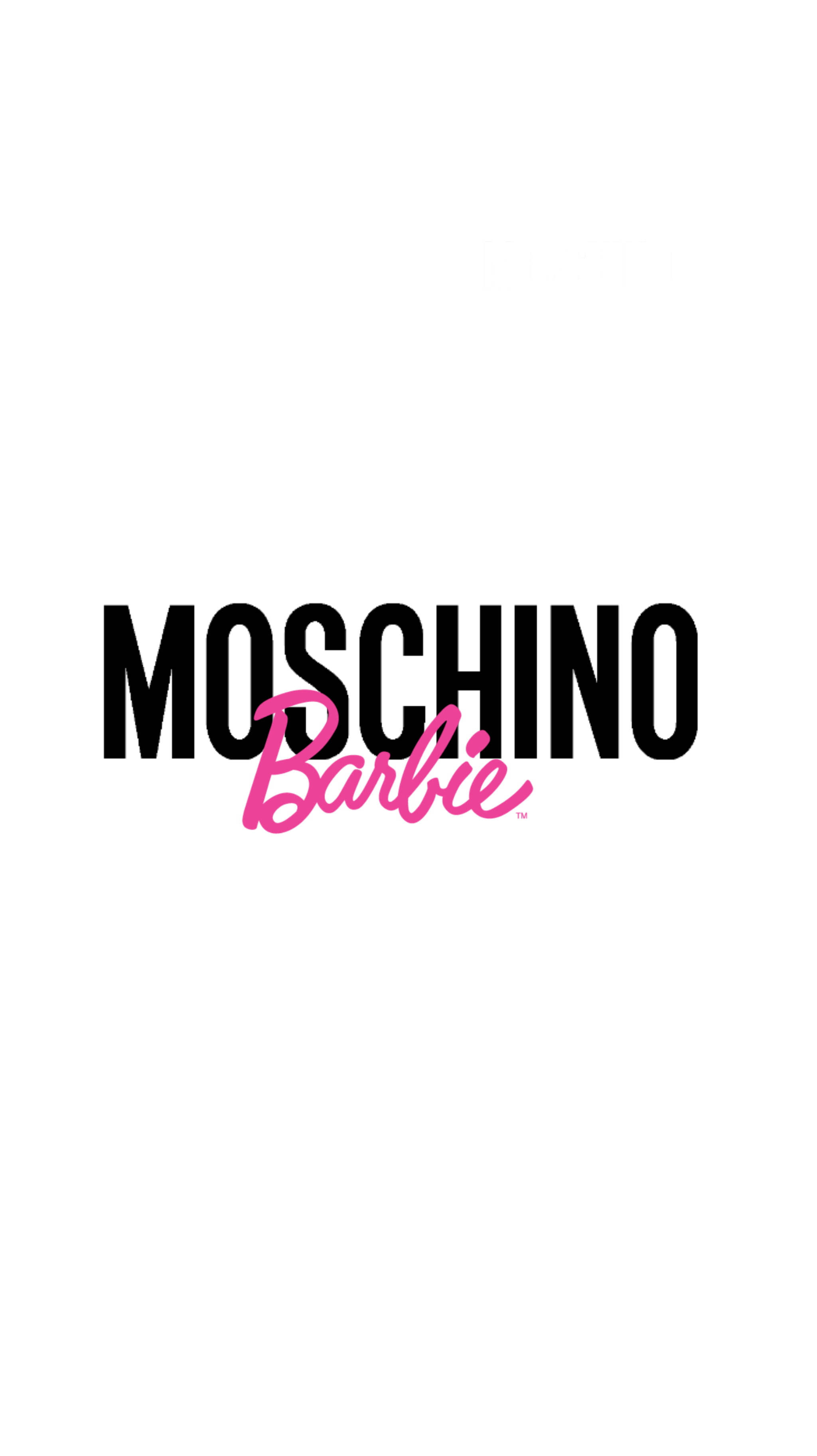 moschino 桌布 壁紙 — 粗體黑色MOSCHINO文字搭配粉紅色草書Barbie標誌，置於純白背景中央。