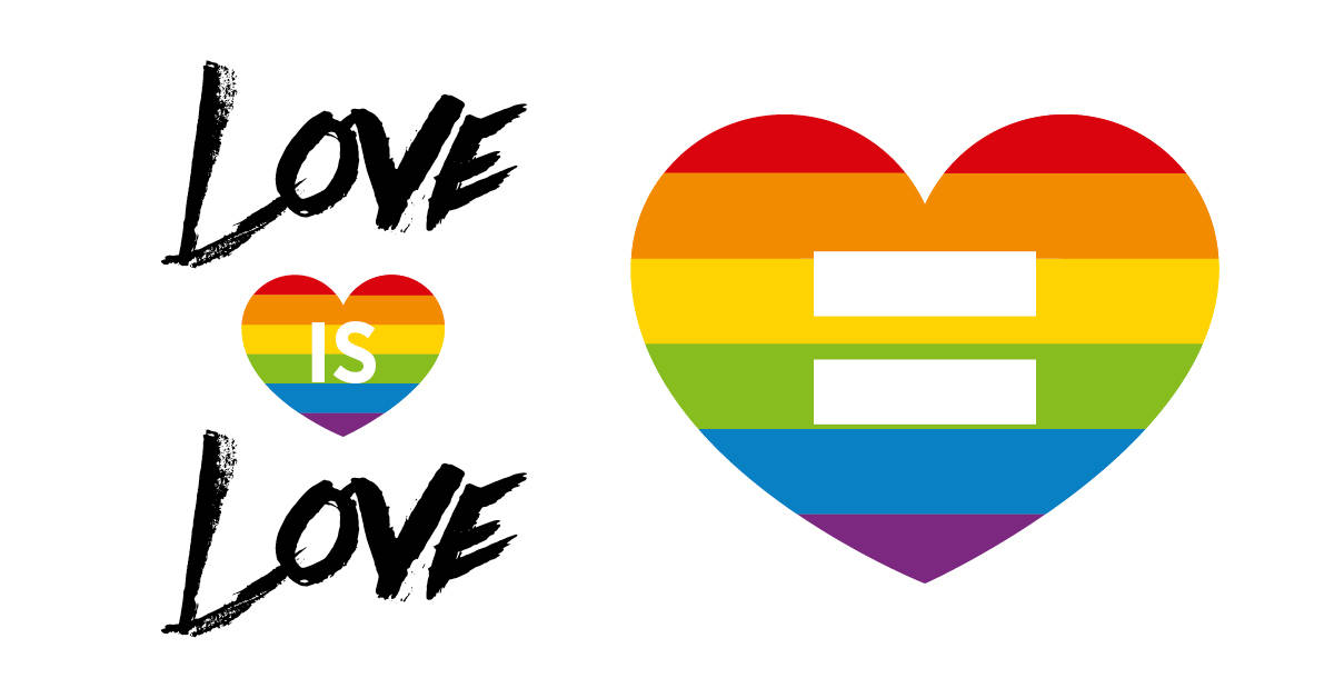 愛就是愛 桌布 壁紙 — 粗體黑色刷筆文字「LOVE IS LOVE」旁邊有一個帶平等符號的彩虹心形。
