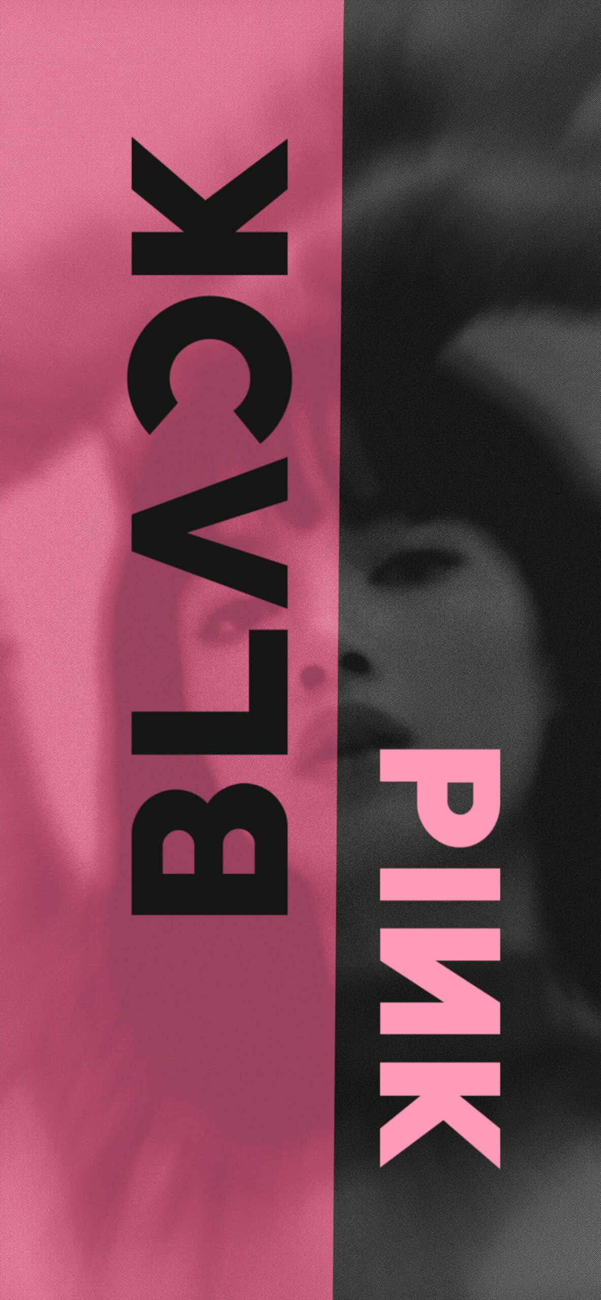 lisa blackpink 桌布 壁紙 — 粗體黑色和粉紅色文字垂直分割在模糊灰階肖像背景上。