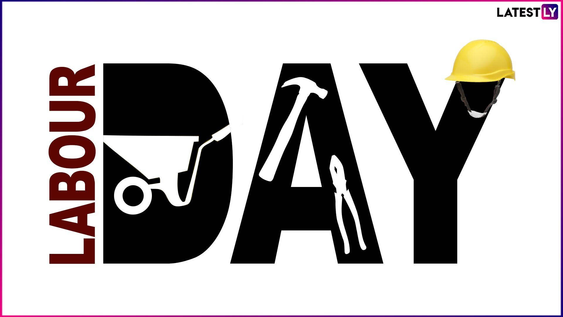 Labor 桌布 壁紙 — 粗體黑色和紅色的「LABOUR DAY」文字，白色建築工具和黃色安全帽融入字母中。