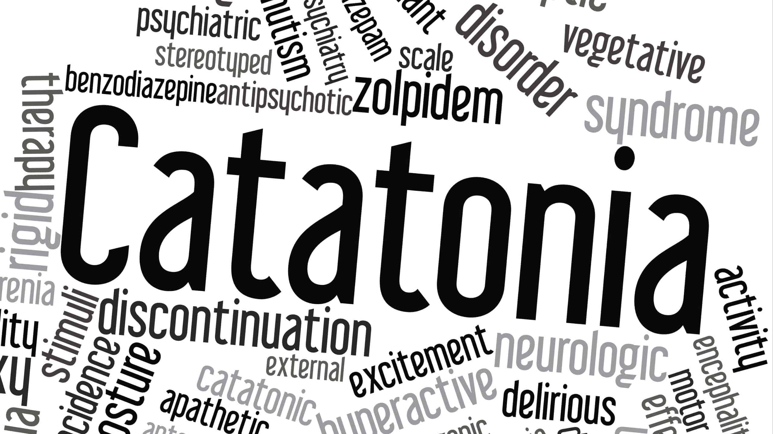catatonic 桌布 壁紙 — 粗體黑色單詞「Catatonia」主導白色背景，周圍環繞著不同字體大小的相關醫學術語。