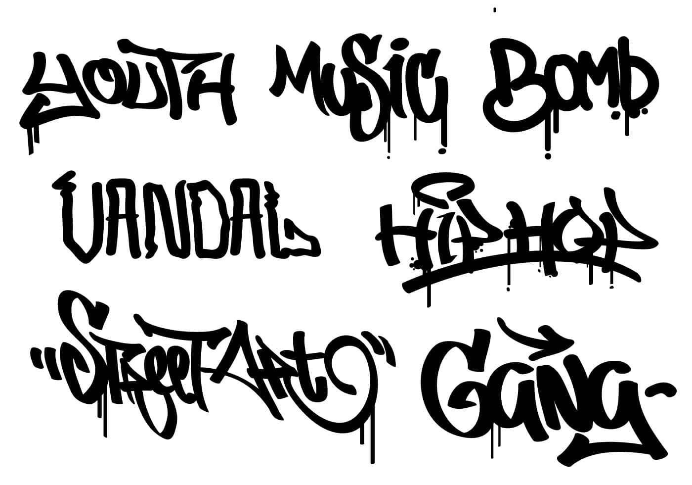 Black And White Graffiti 桌布 壁紙 — 粗體黑色塗鴉風格字體在純白背景上拼寫出 youth music bomb vandalism hip hop street art gang。