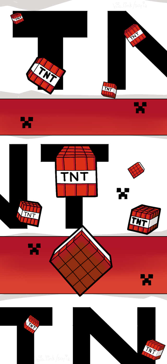 我的世界 TNT 桌布 壁紙 — 粗體黑色字母 TNT，周圍有卡通風格的紅色 TNT 方塊在紅色和白色背景上爆炸。
