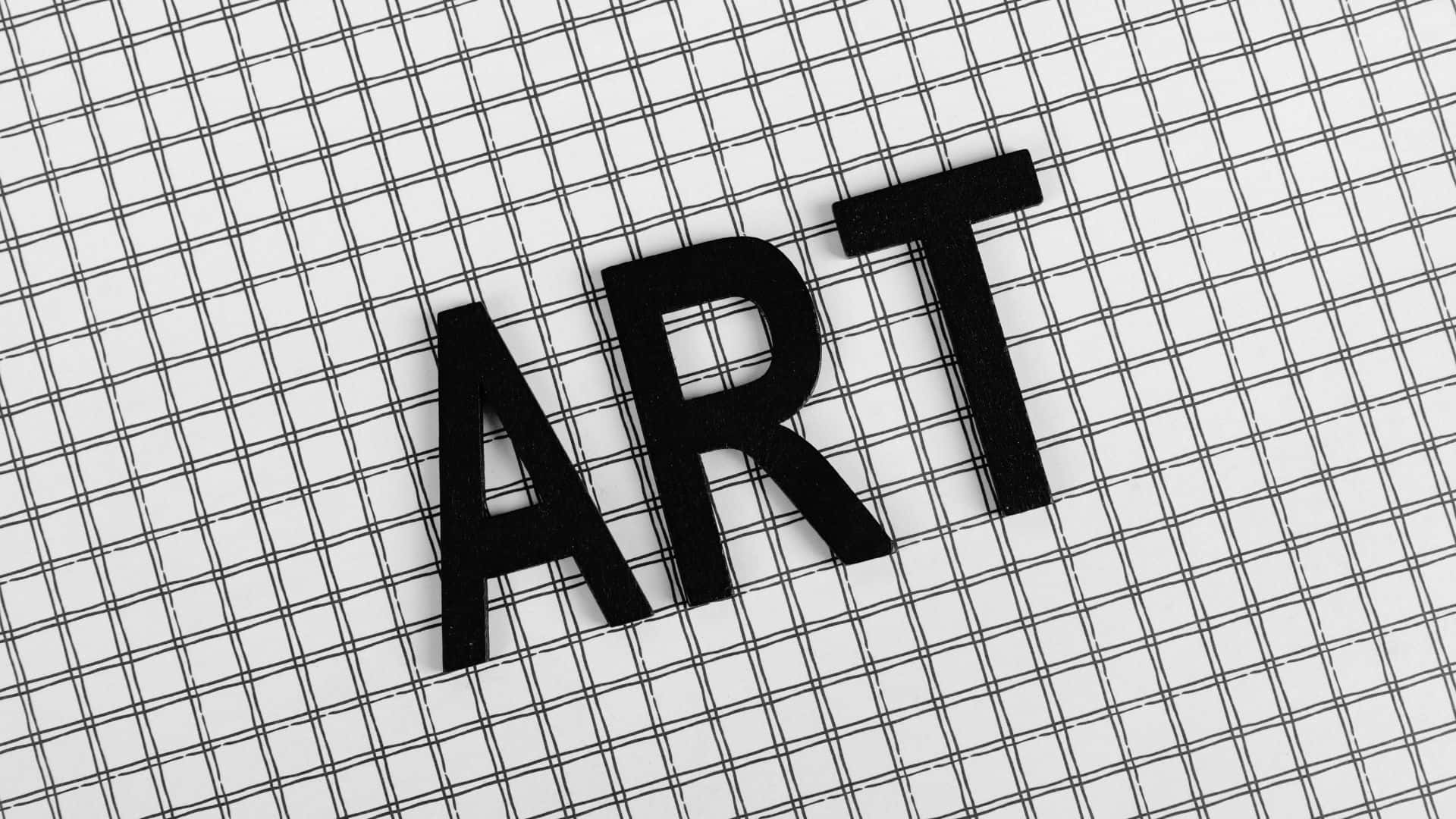 Black And White Word 桌布 壁紙 — 粗體黑色字母拼出 ART，放置在帶有乾淨幾何線條的白色網格背景上。