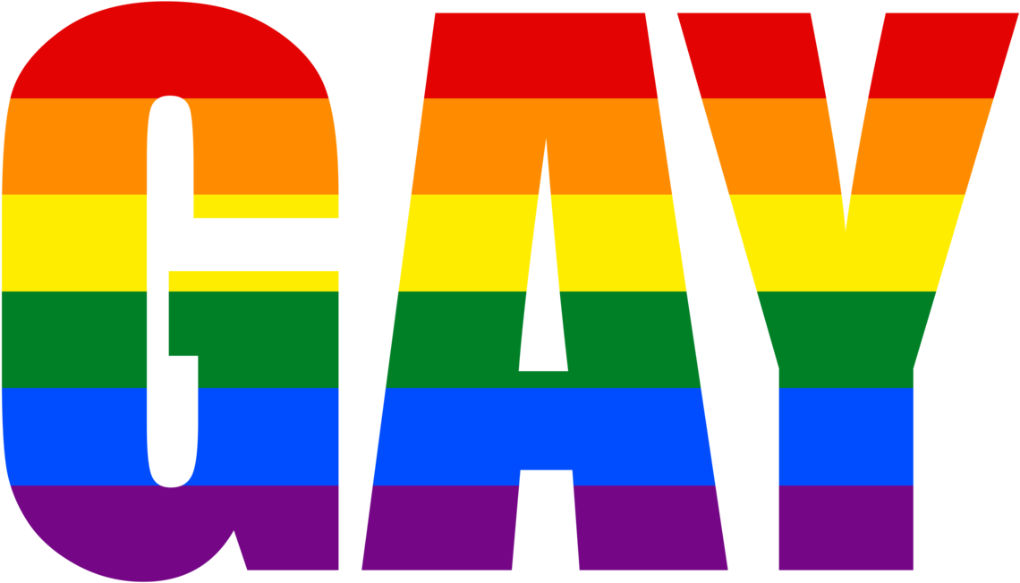 男同志 桌布 壁紙 — 粗體黑色字母拼寫GAY，充滿鮮豔的彩虹條紋，背景為純黑色。