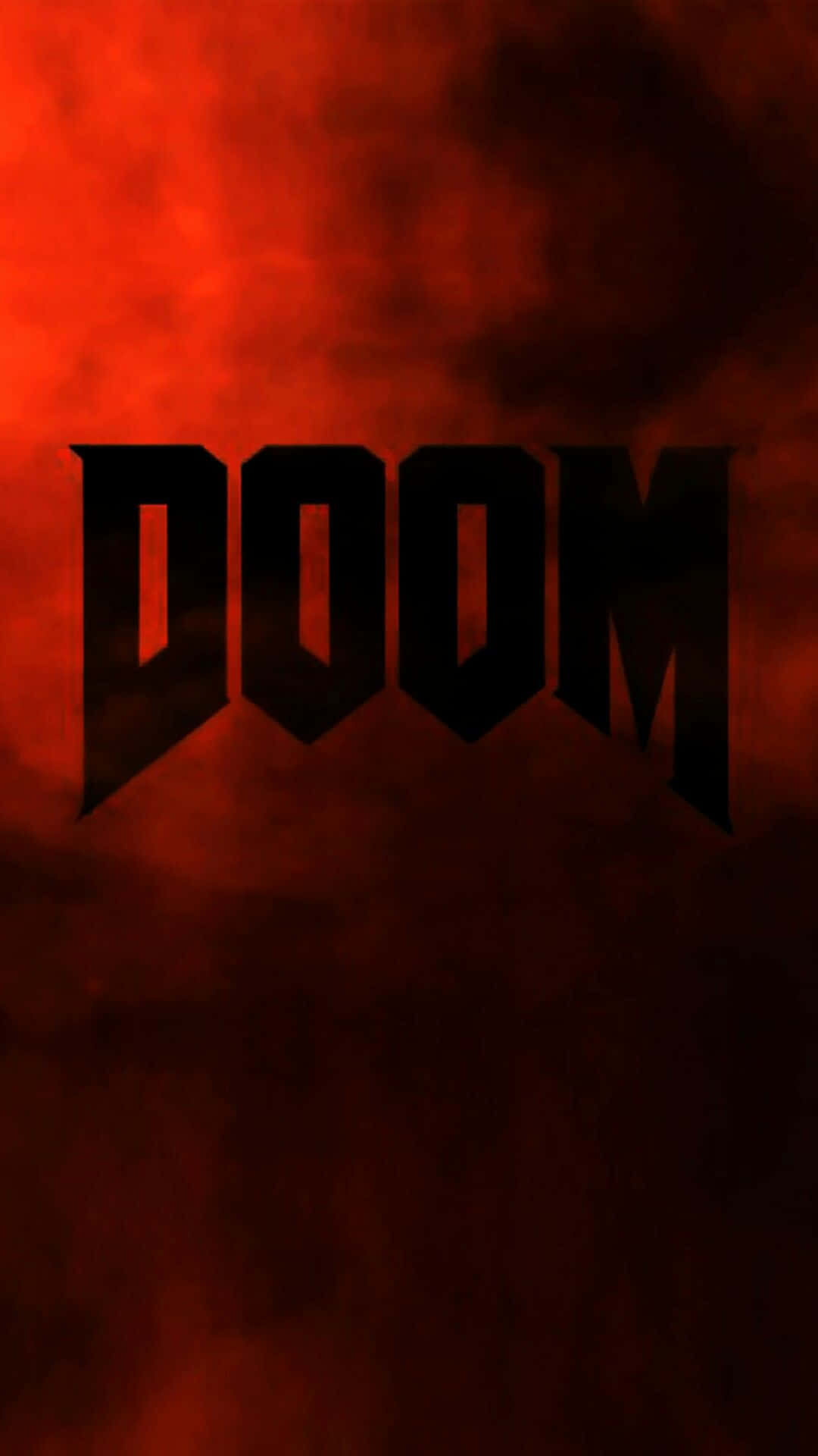 iPhone 桌布 壁紙 — 粗體黑色字母的「DOOM」一詞在火紅和深色煙霧背景上格外突出。