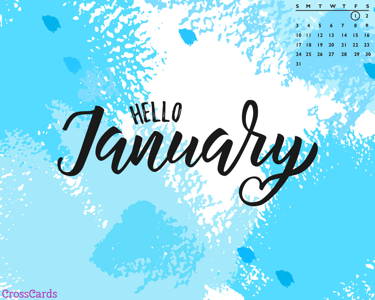 Hello January 桌布 壁紙 — 粗體黑色手寫字體在充滿活力的藍色水彩潑濺背景上寫著「你好一月」，並帶有微妙的日曆網格。