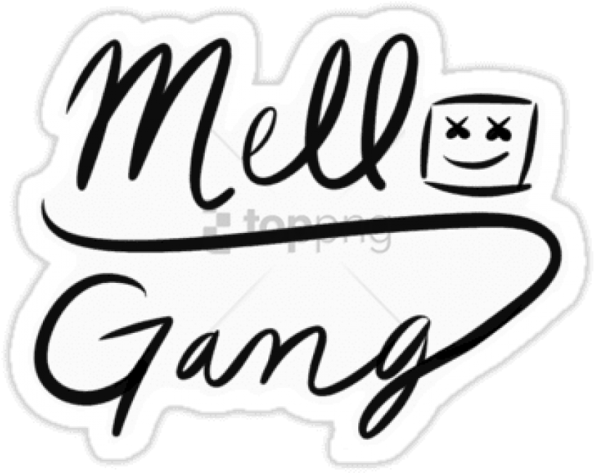 Marshmello 動態圖 桌布 壁紙 — 粗體黑色手寫文字寫著「Mell Gang」，並有一個微笑的棉花糖臉標誌，背景為純黑色。