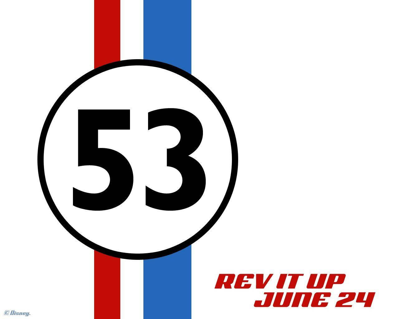 Herbie 桌布 壁紙 — 粗體黑色數字53在白色圓圈內，居中於紅白藍賽車條紋上，紅色文字寫著rev it up 6月24日。