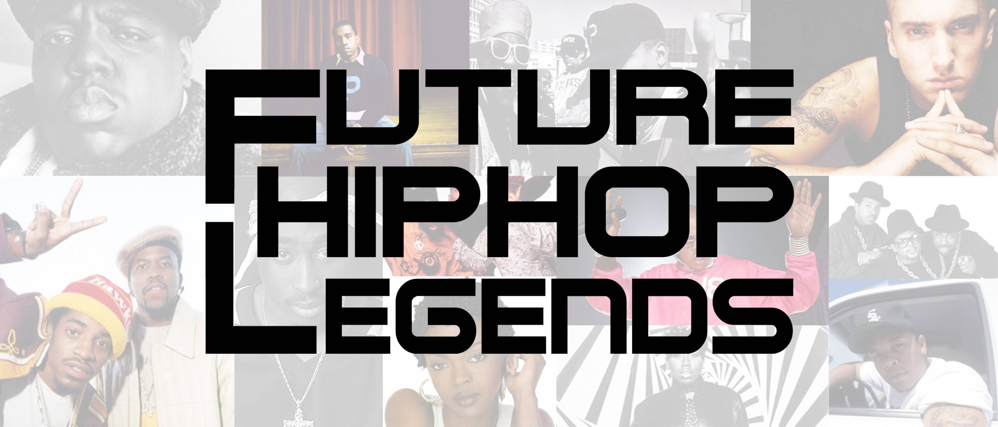 嘻哈 桌布 壁紙 — 粗體黑色文字「FUTURE HIPHOP LEGENDS」覆蓋在灰階和彩色的嘻哈藝術家拼貼畫上。