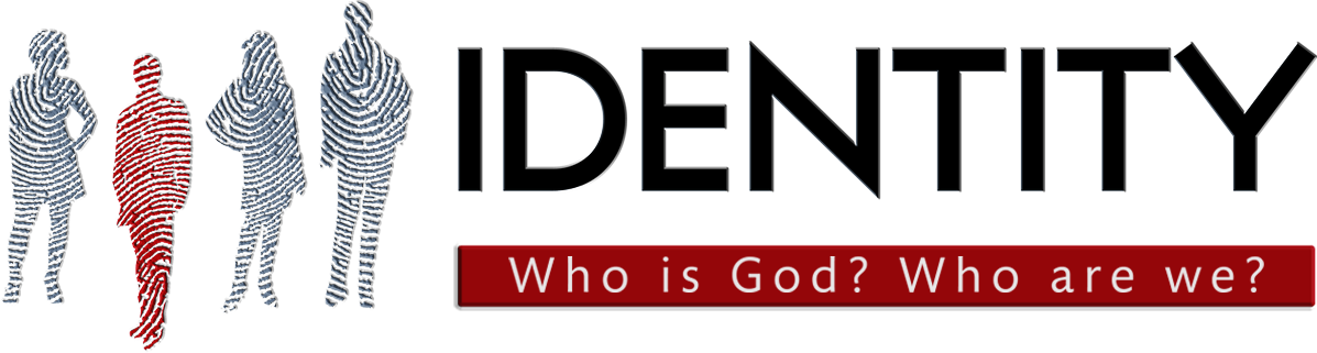 Identity 桌布 壁紙 — 粗體黑色文字「IDENTITY」以及三個由紅色和灰色指紋圖案組成的風格化人形剪影。
