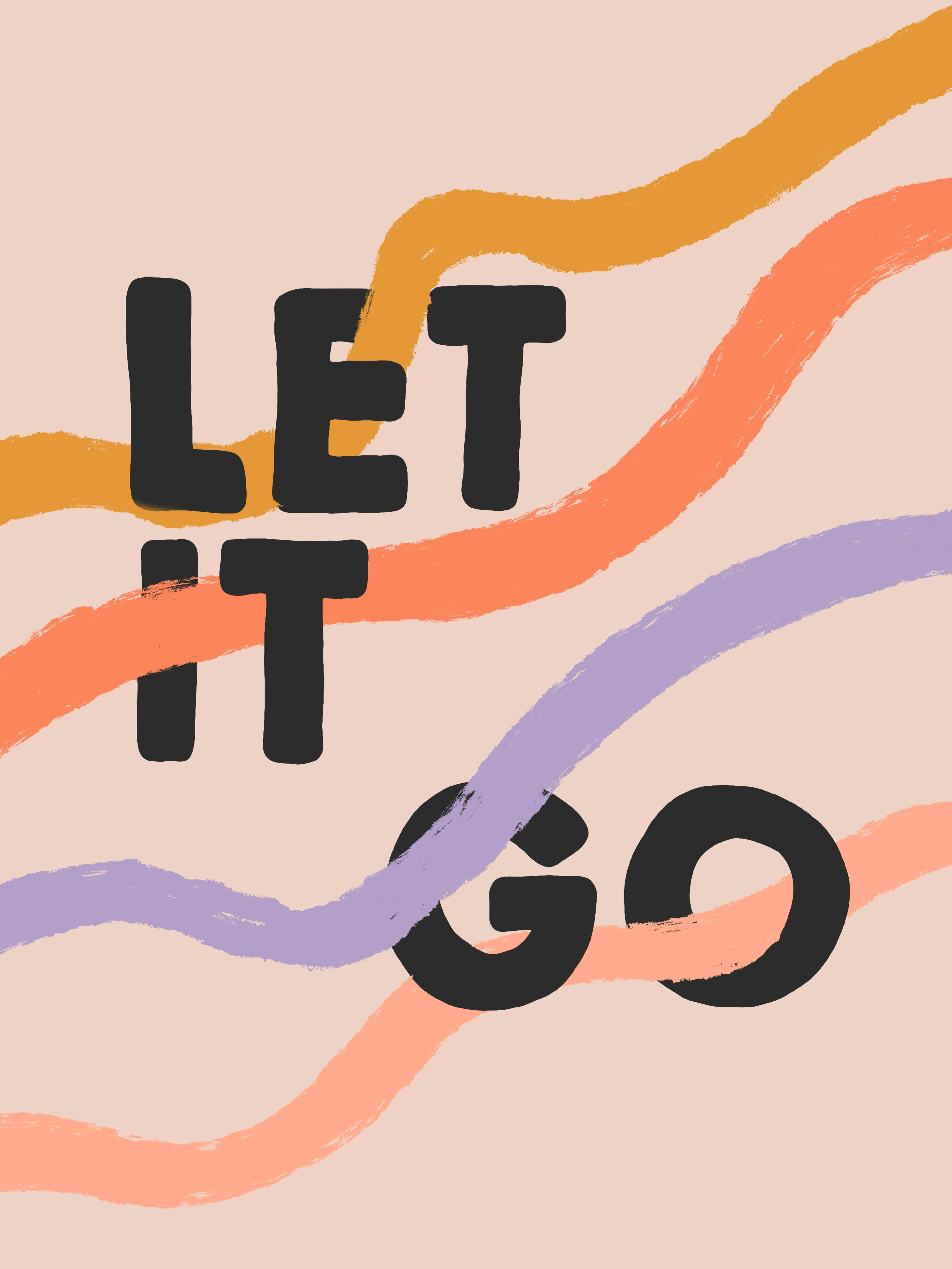 語錄 桌布 壁紙 — 粗體黑色文字 'LET IT GO' 在柔和的米色背景上，流動於充滿活力的橙色、粉紅色和紫色筆觸波浪之間。