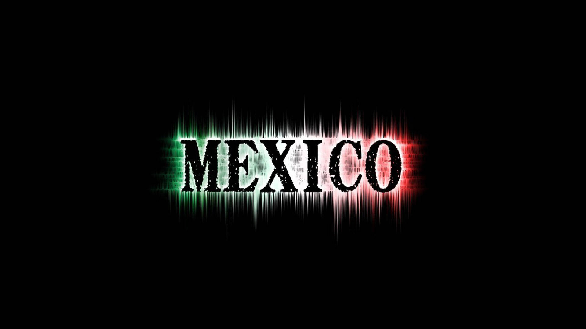 墨西哥 桌布 壁紙 — 粗體黑色文字「MEXICO」在純黑色背景上，以綠色、白色和紅色的音頻波視覺效果脈動。