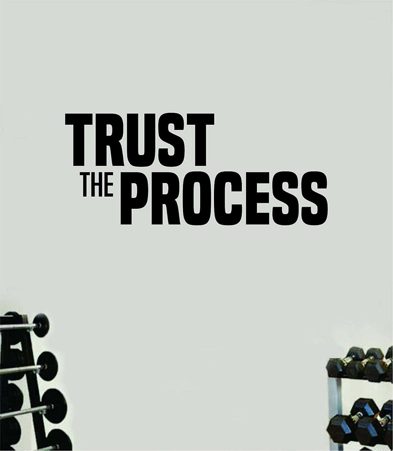 trust 桌布 壁紙 — 粗體黑色文字 'TRUST THE PROCESS' 主導了一面極簡風格的健身房牆壁，邊緣可見啞鈴架。