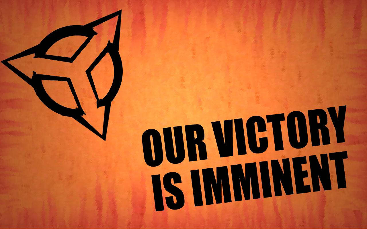 Victory 桌布 壁紙 — 粗體黑色文字在帶有紋理的橙色背景上，搭配風格化的標誌，宣告勝利在望。