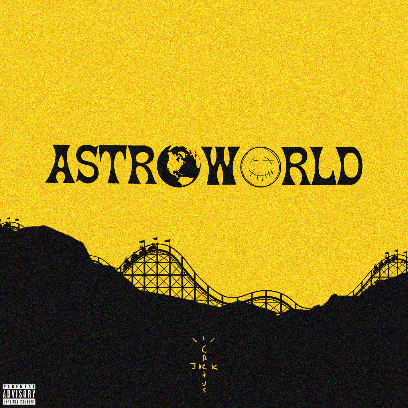 Astroworld 桌布 壁紙 — 粗體黑色文字在紋理黃色天空上拼出 ASTROWORLD，上方有黑暗雲霄飛車剪影。