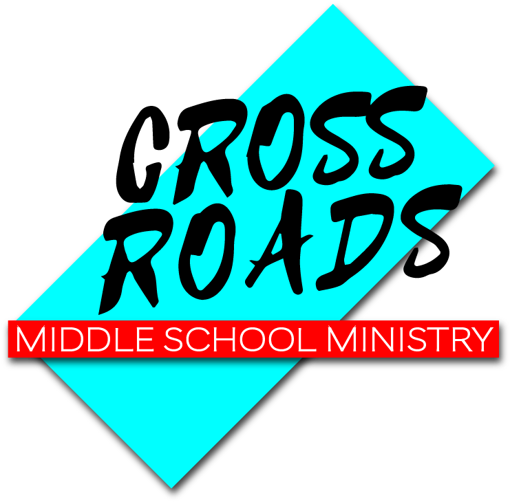 Crossroad 桌布 壁紙 — 粗體黑色文字在青色菱形內顯示「CROSS ROADS」，下方紅色橫條上以白色顯示「MIDDLE SCHOOL MINISTRY」。