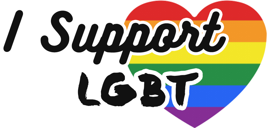 LGBT 桌布 壁紙 — 粗體黑色文字在鮮豔的彩虹心形內宣告對LGBT的支持，背景為鮮明的黑色。
