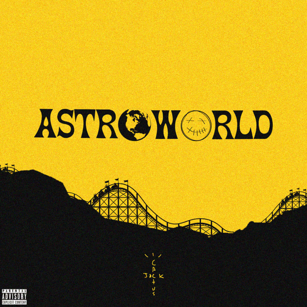 Astroworld 桌布 壁紙 — 粗體黑色文字在鮮黃色天空上拼出 ASTROWORLD，下方有雲霄飛車剪影。