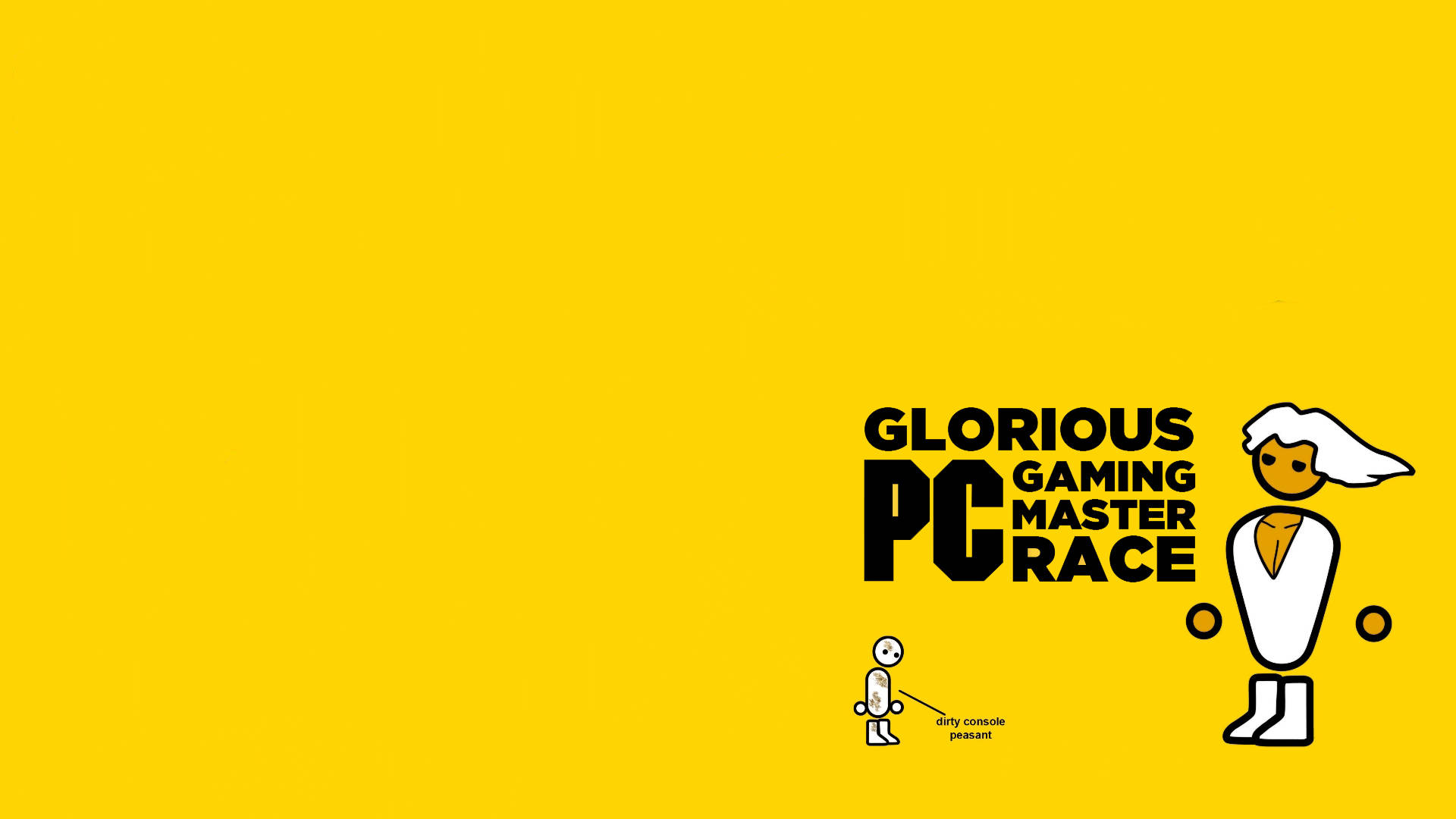 meme 桌布 壁紙 — 粗體黑色文字在鮮黃色背景上宣告「GLORIOUS PC GAMING MASTER RACE」，並配有極簡火柴人圖案。