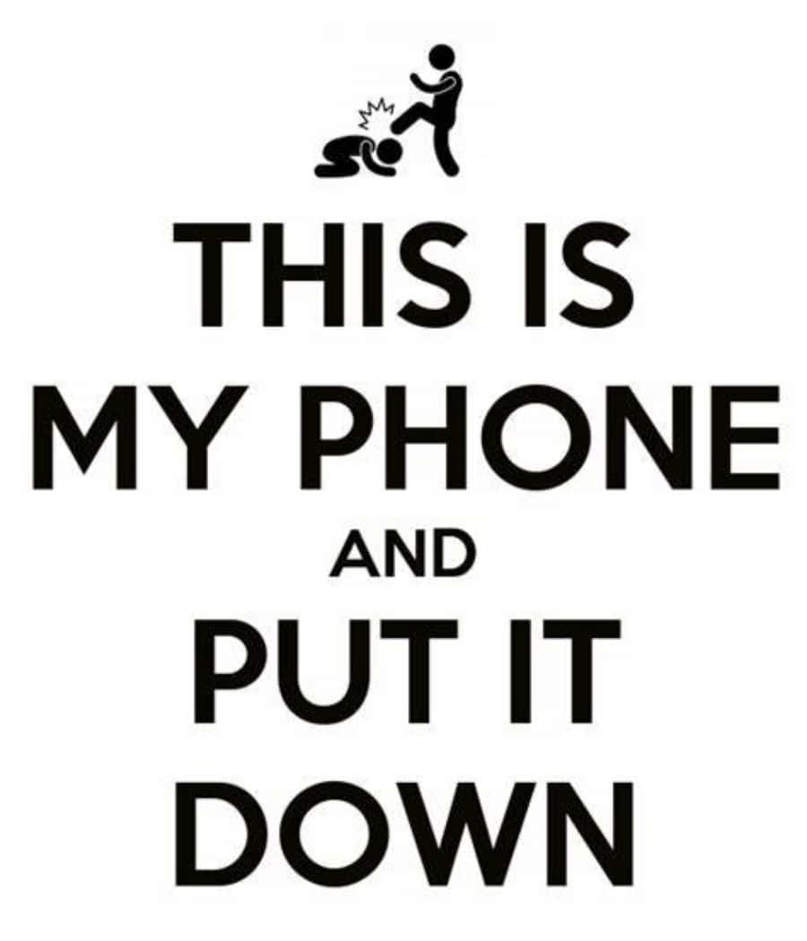 語錄 桌布 壁紙 — 粗體黑色文字宣示「THIS IS MY PHONE AND PUT IT DOWN」，上方有一個火柴人踢另一個火柴人。