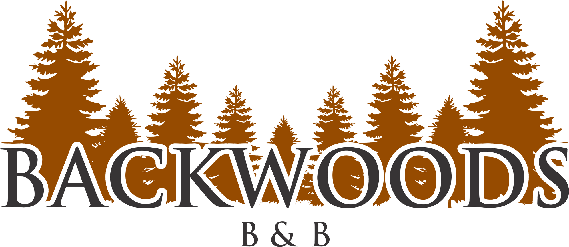 Backwoods 桌布 壁紙 — 粗體黑色文字寫著 BACKWOODS B&B，背景是黑色背景上的風格化橙色松樹。