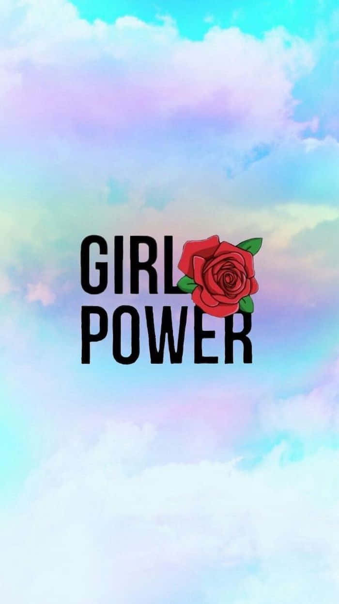 Beautiful Girly 桌布 壁紙 — 粗體黑色文字寫著 girl power，旁邊有一朵紅玫瑰，背景是帶有柔和雲朵的粉彩天空。