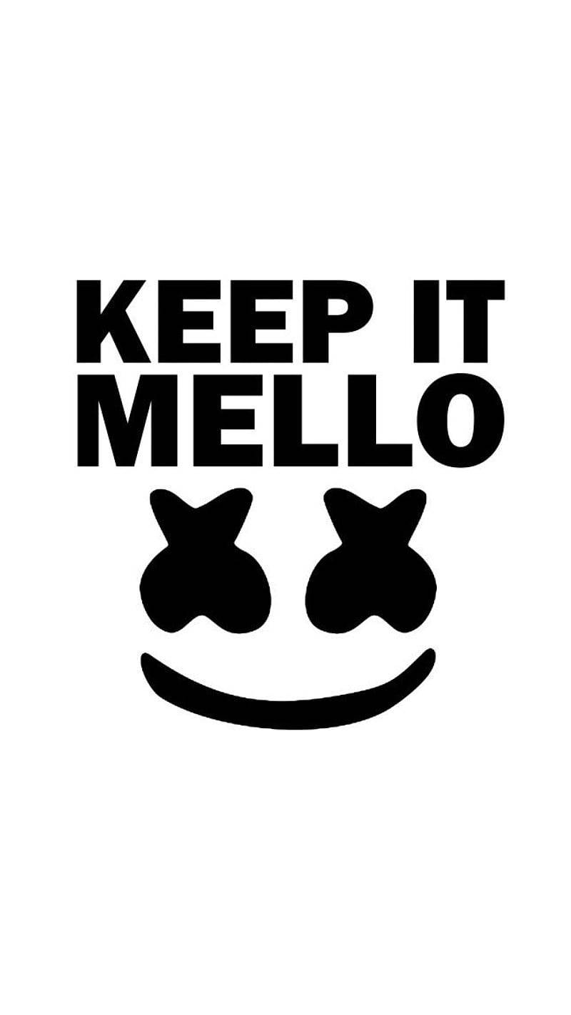 白色背景上的黑色文字 KEEP IT MELLO 及笑臉圖案。