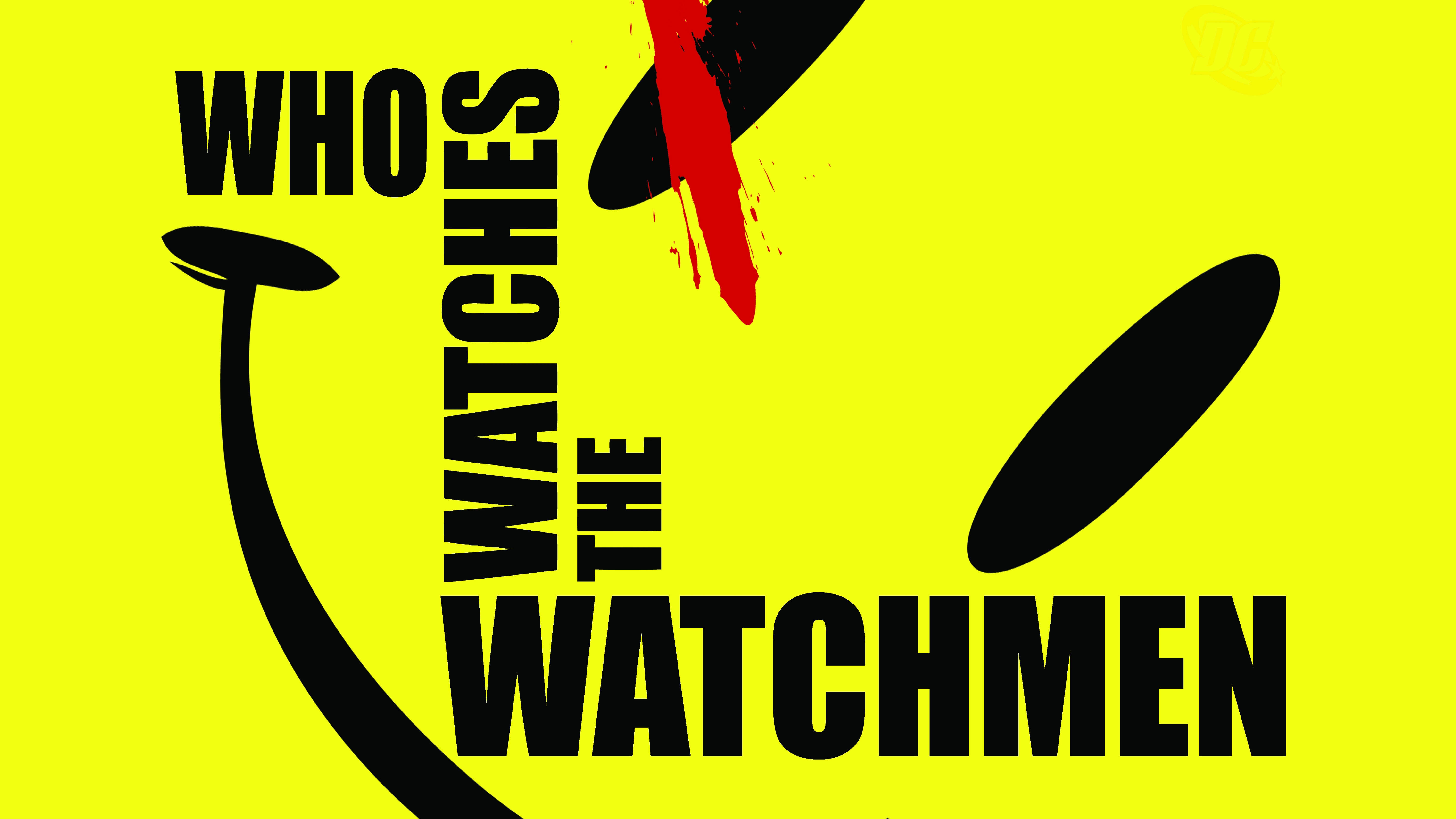 Watchmen 桌布 壁紙 — 粗體黑色文字寫著「WHO WATCHES THE WATCHMEN」，背景為亮黃色，帶有紅色飛濺和抽象形狀。