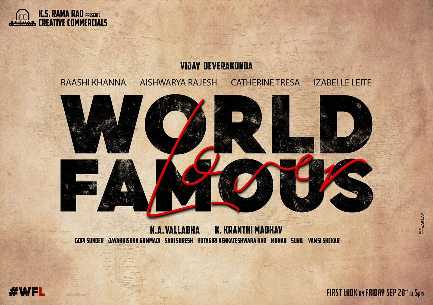 Indian 桌布 壁紙 — 粗體黑色文字寫著「WORLD FAMOUS」，紅色斜體「Love」交叉穿過，背景為有紋理的米色，並有演員名字。