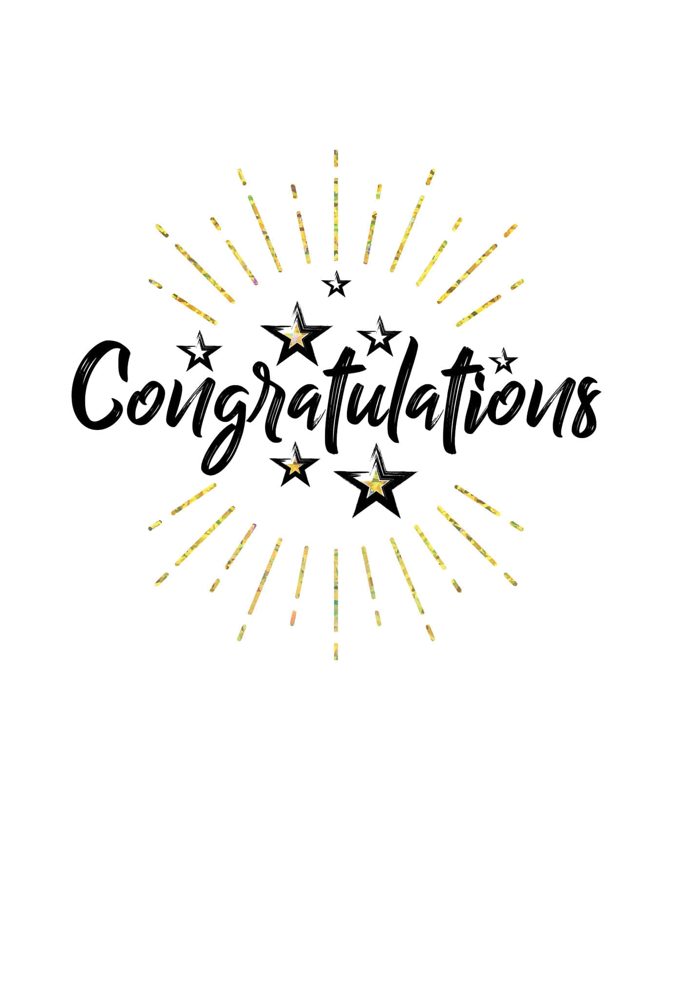 Congratulations 桌布 壁紙 — 粗體黑色文字寫著恭喜，周圍環繞著金色閃爍的星星和光線，背景為潔淨的白色。