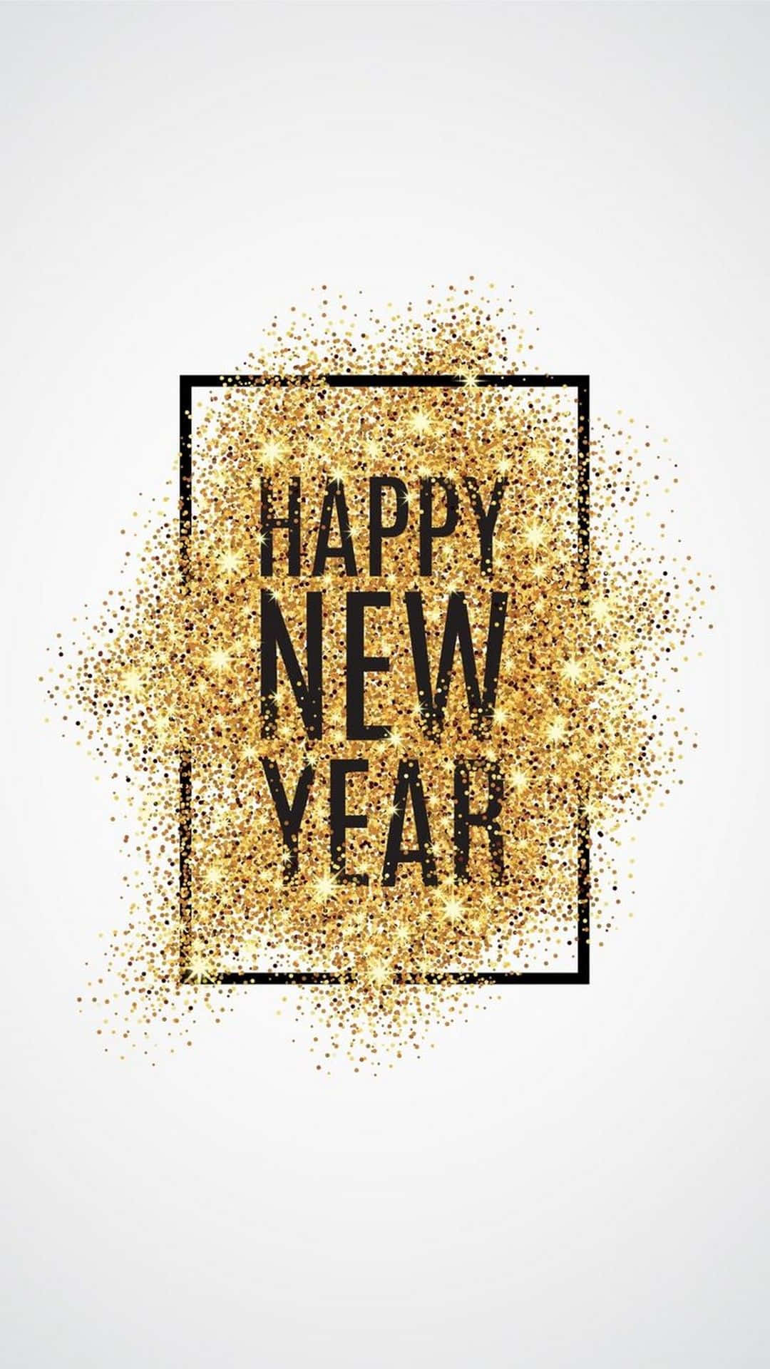 節日 桌布 壁紙 — 粗體黑色文字寫著新年快樂，周圍環繞著閃閃發光的金色亮粉，位於一個細黑色正方形框內，背景是潔淨的白色。