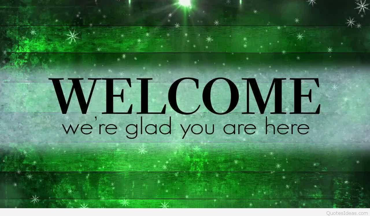 Welcome 桌布 壁紙 — 粗體黑色文字寫著歡迎我們很高興你在這裡，背景是帶有紋理的綠色木板，並有閃爍的雪花效果。