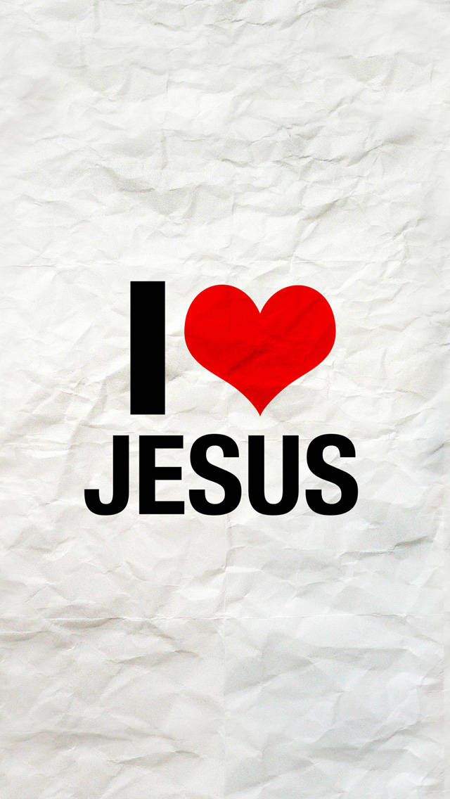 Jesus Phone 桌布 壁紙 — 粗體黑色文字我愛耶穌，帶紅色心形，在皺巴巴的白色紙張紋理上。