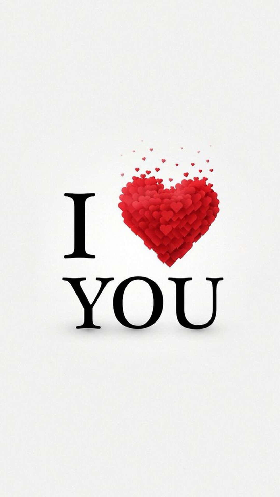 我愛你 桌布 壁紙 — 粗體黑色文字拼出 I love you，並有一個由較小心形組成的紅色心形，背景為純白色。