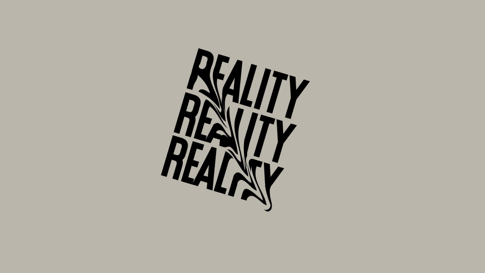 Typography 桌布 壁紙 — 粗體黑色文字拼寫「REALITY」在柔和米色背景上以對角線重複三次，並帶有風格化葉子圖案。