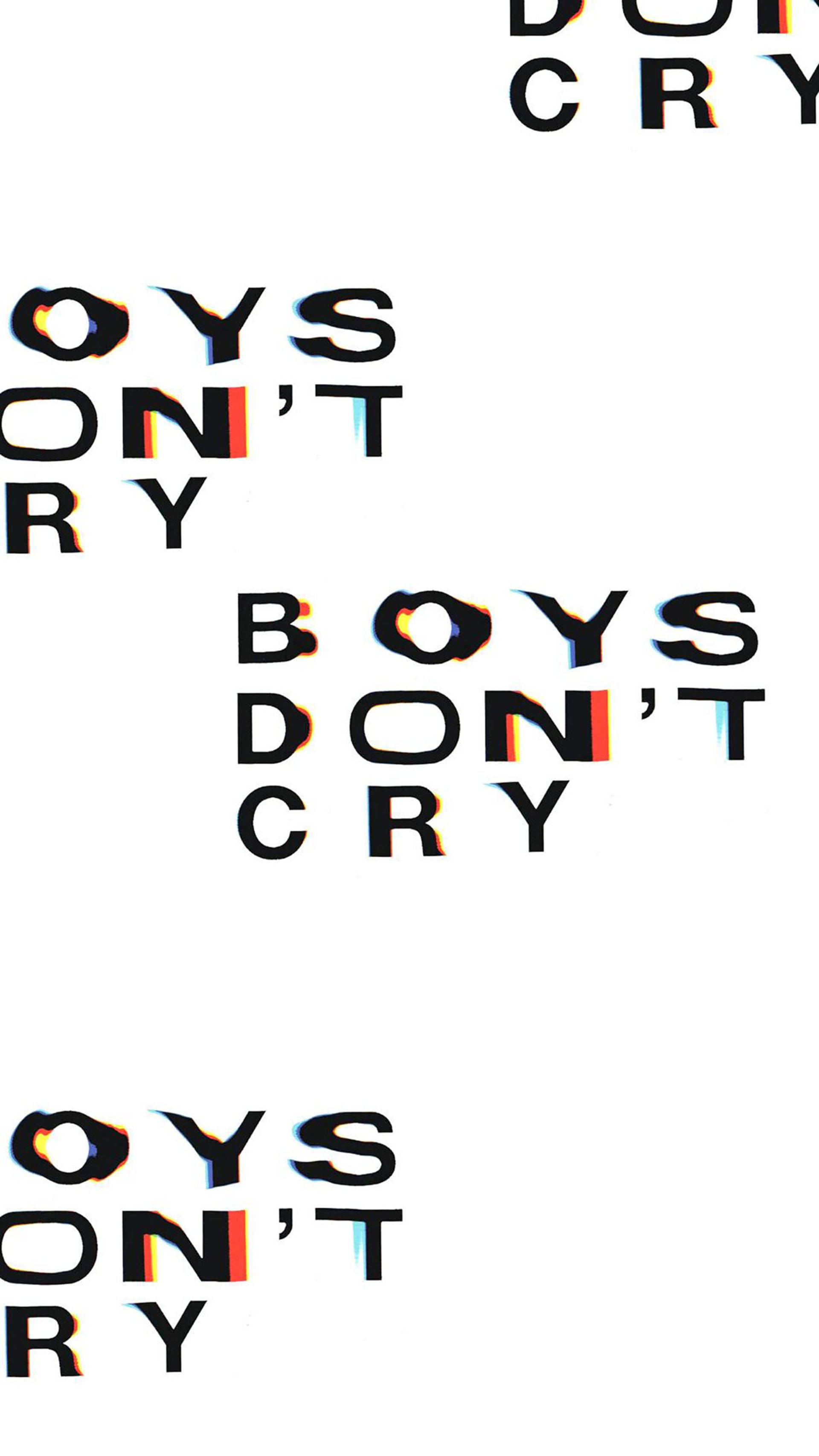 美少年動態圖 桌布 壁紙 — 粗體黑色文字重複 'BOYS DON'T CRY'，在純白背景上帶有故障風格的色彩扭曲。