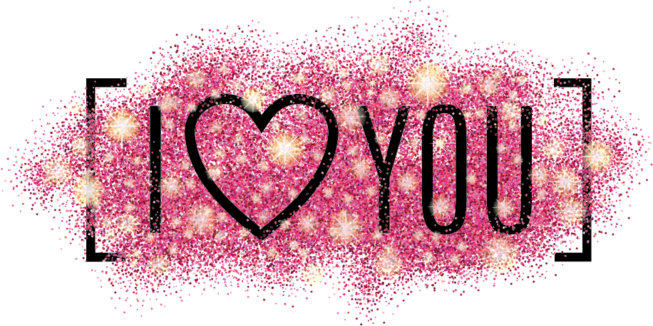 愛心 桌布 壁紙 — 粗體黑色文字顯示 i heart you，周圍環繞著閃閃發光的粉紅色亮片和金色火花。