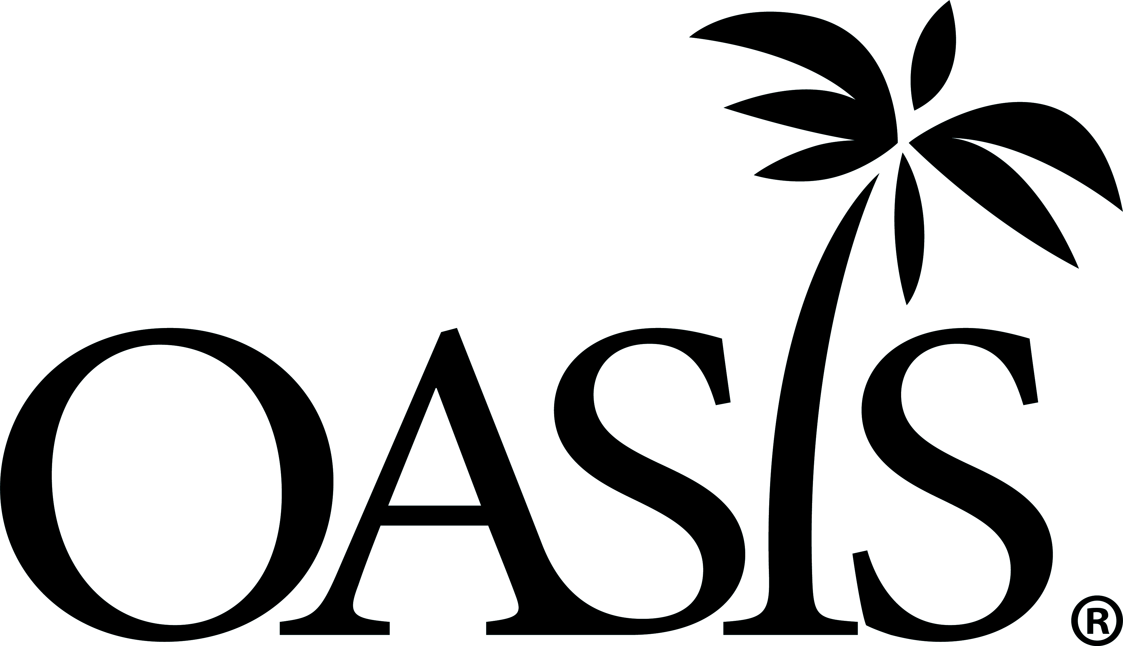 綠洲 桌布 壁紙 — 粗體黑色標誌，帶有單詞 OASIS 和字母 S 上方風格化的棕櫚樹，背景為白色。