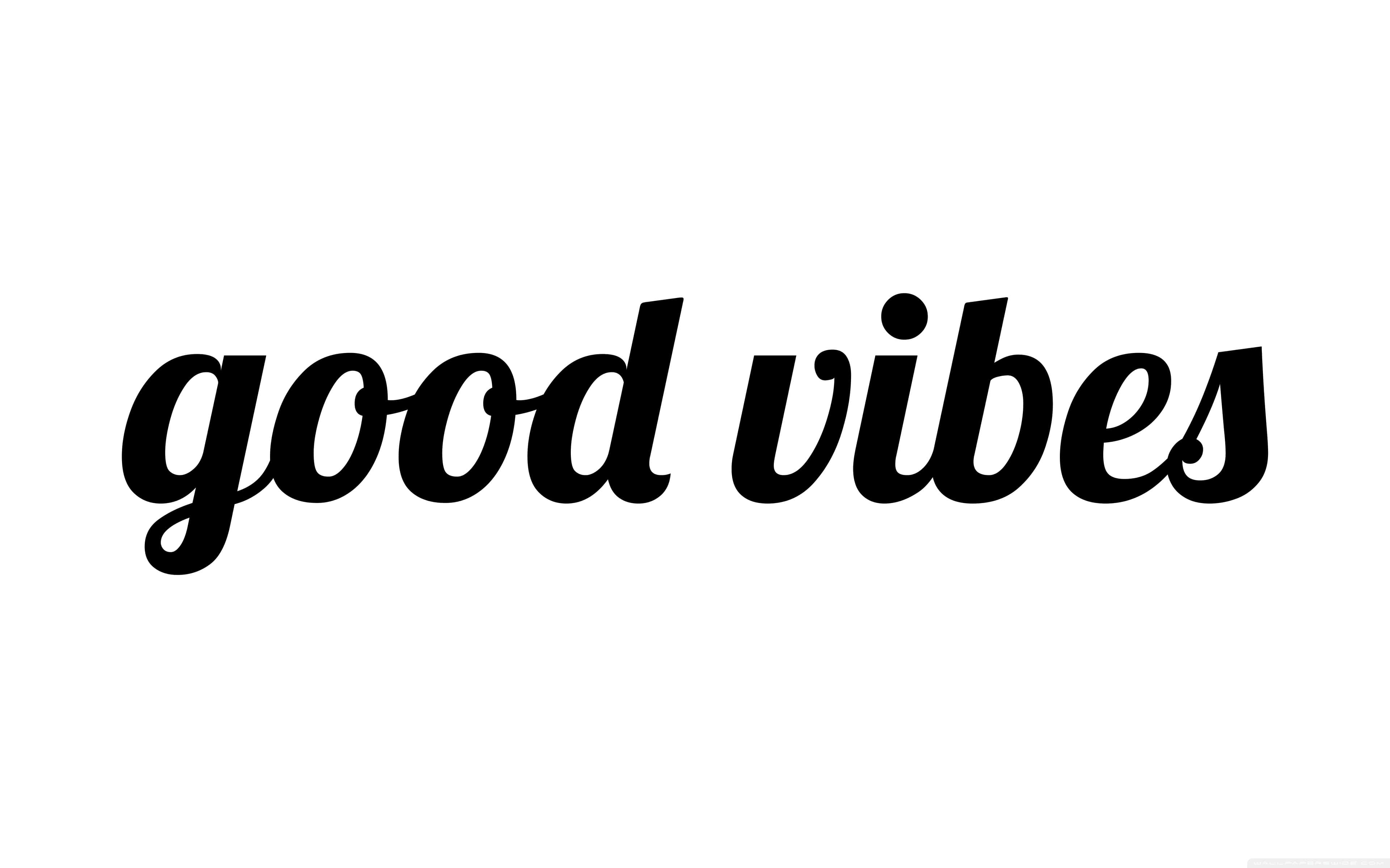 graphic design 桌布 壁紙 — 粗體黑色草書文字 good vibes 居中在純白色背景上。