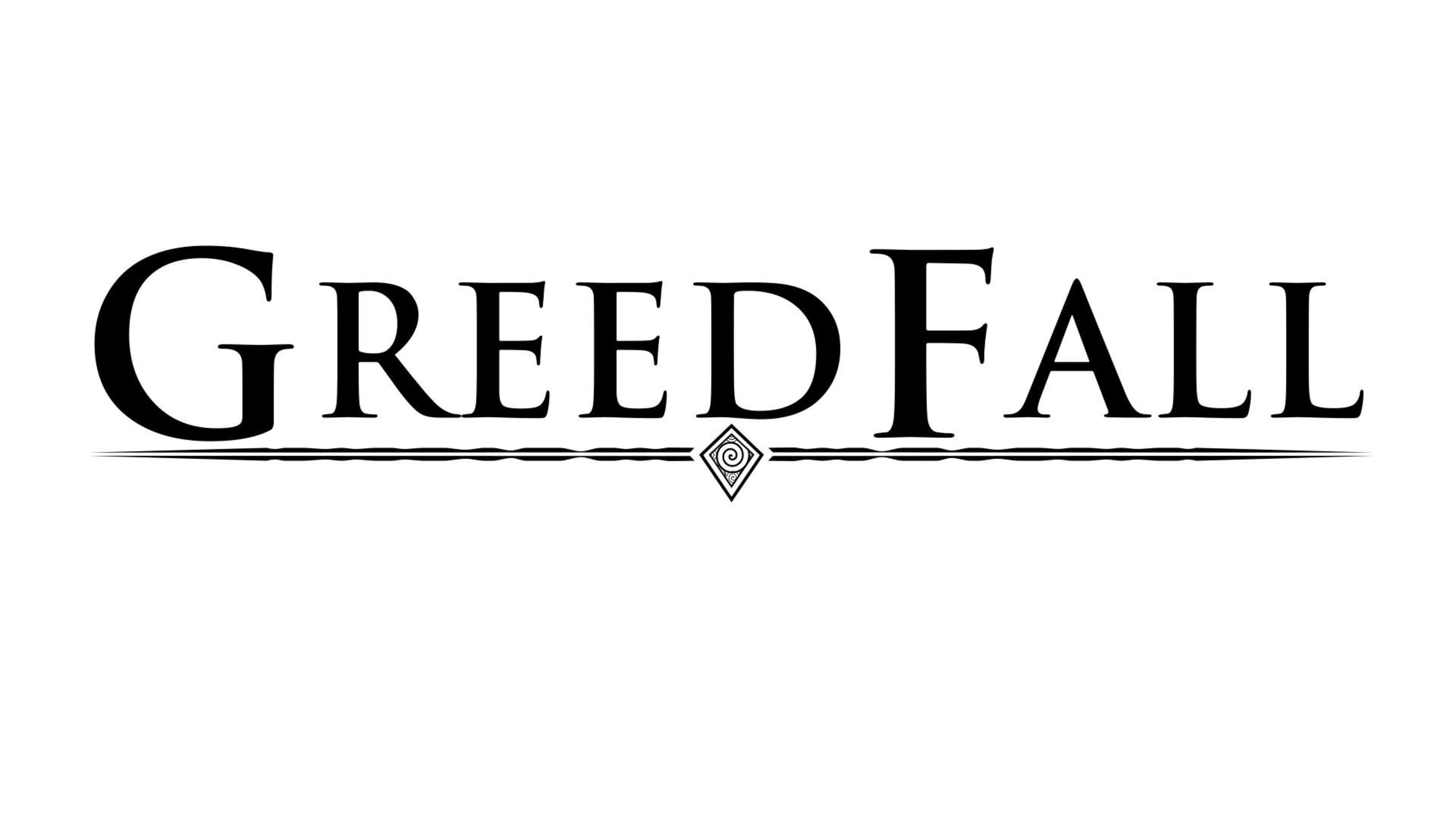 電玩遊戲 桌布 壁紙 — 粗體黑色襯線文字「GREEDFALL」居中顯示在白色背景上，下方有裝飾線和鑽石標誌。