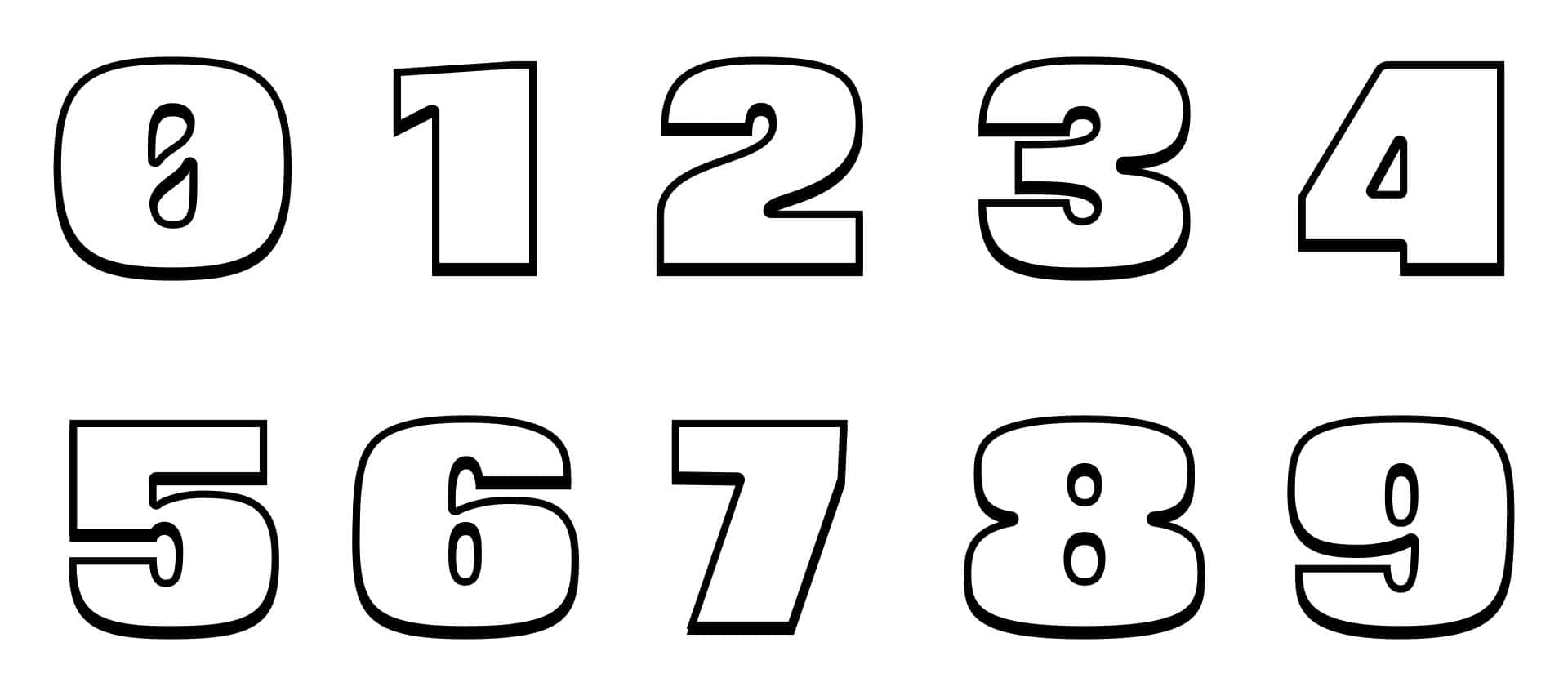 Black And White Number 桌布 壁紙 — 粗體黑色輪廓數字零到九，排列成兩行，放在純白背景上。