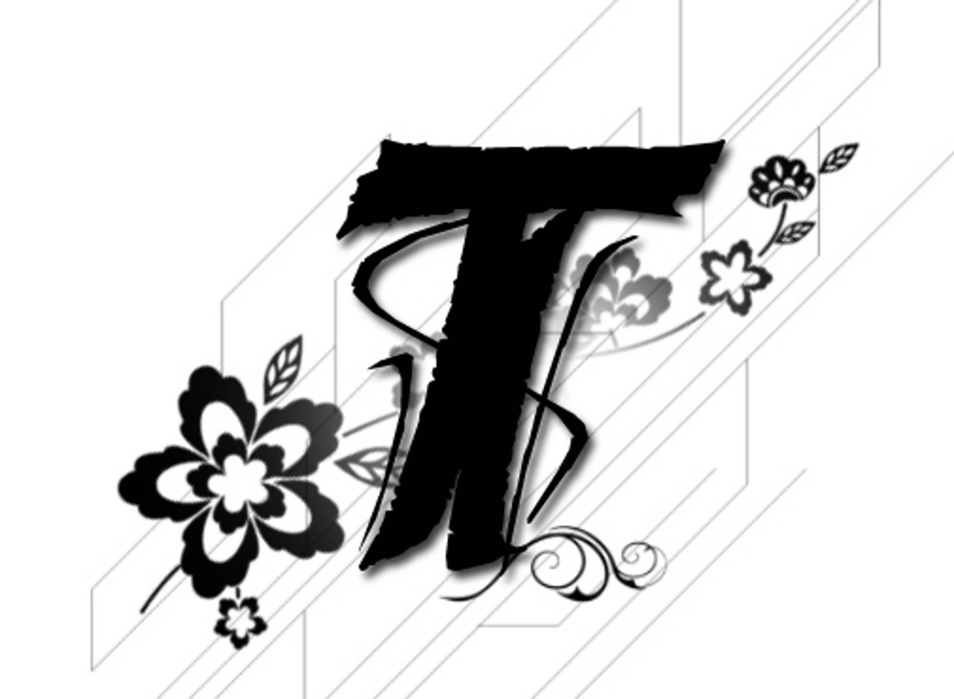 Letter 桌布 壁紙 — 粗體黑色風格化字母T，飾有花卉圖案，背景為幾何圖案。