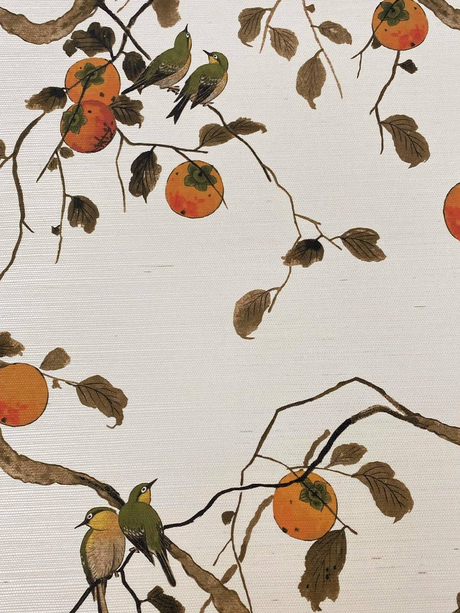 Fruit 桌布 壁紙 — 精緻插圖，描繪綠色小鳥棲息在樹枝上，枝頭掛著橙色柿子和棕色葉子，背景為帶紋理的米白色。