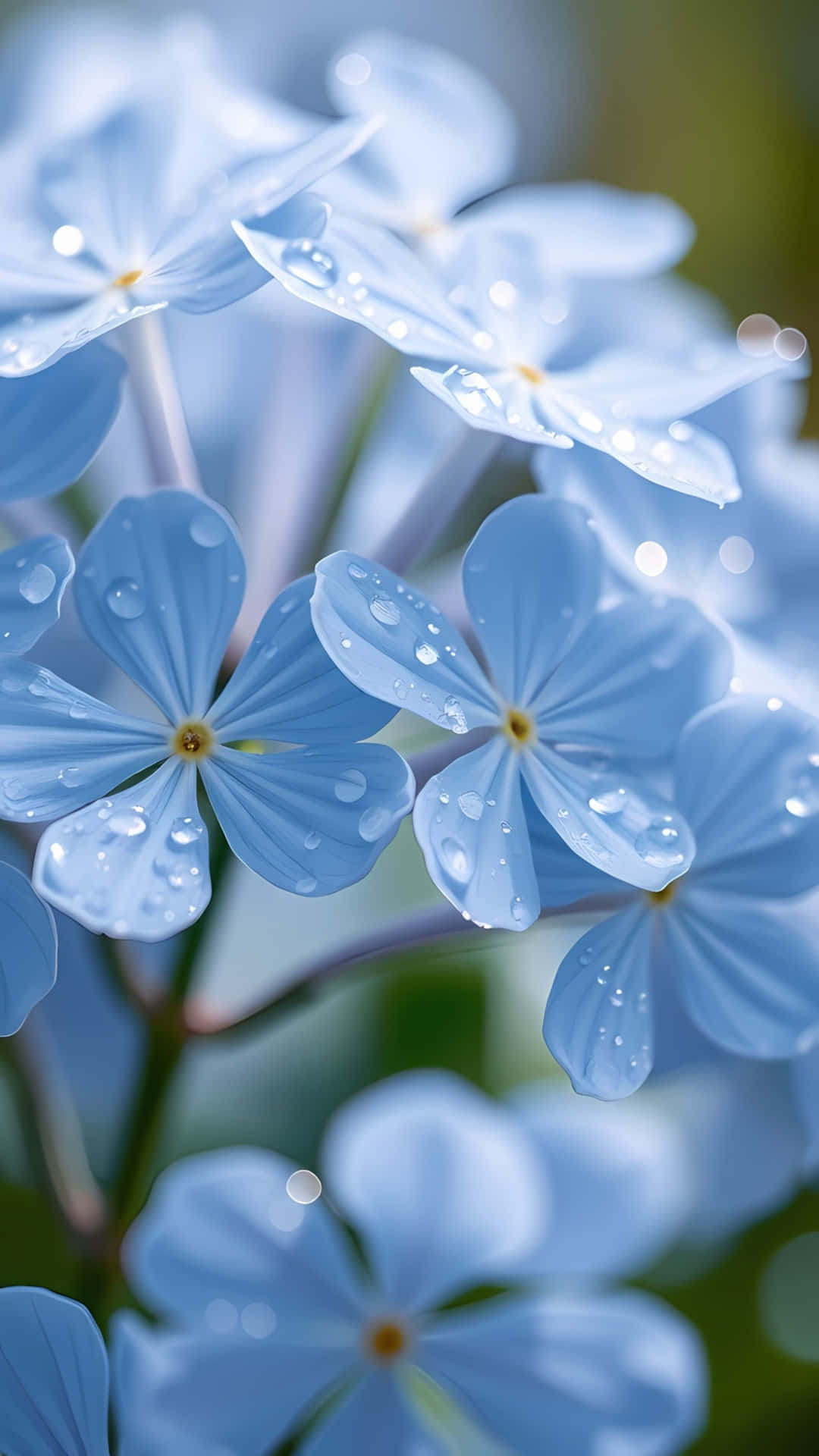 Soft Blue Flowers with Dew Drops 壁紙 — 精緻淺藍色花朵的特寫，柔軟花瓣上閃爍著水珠，背景是模糊的綠色。