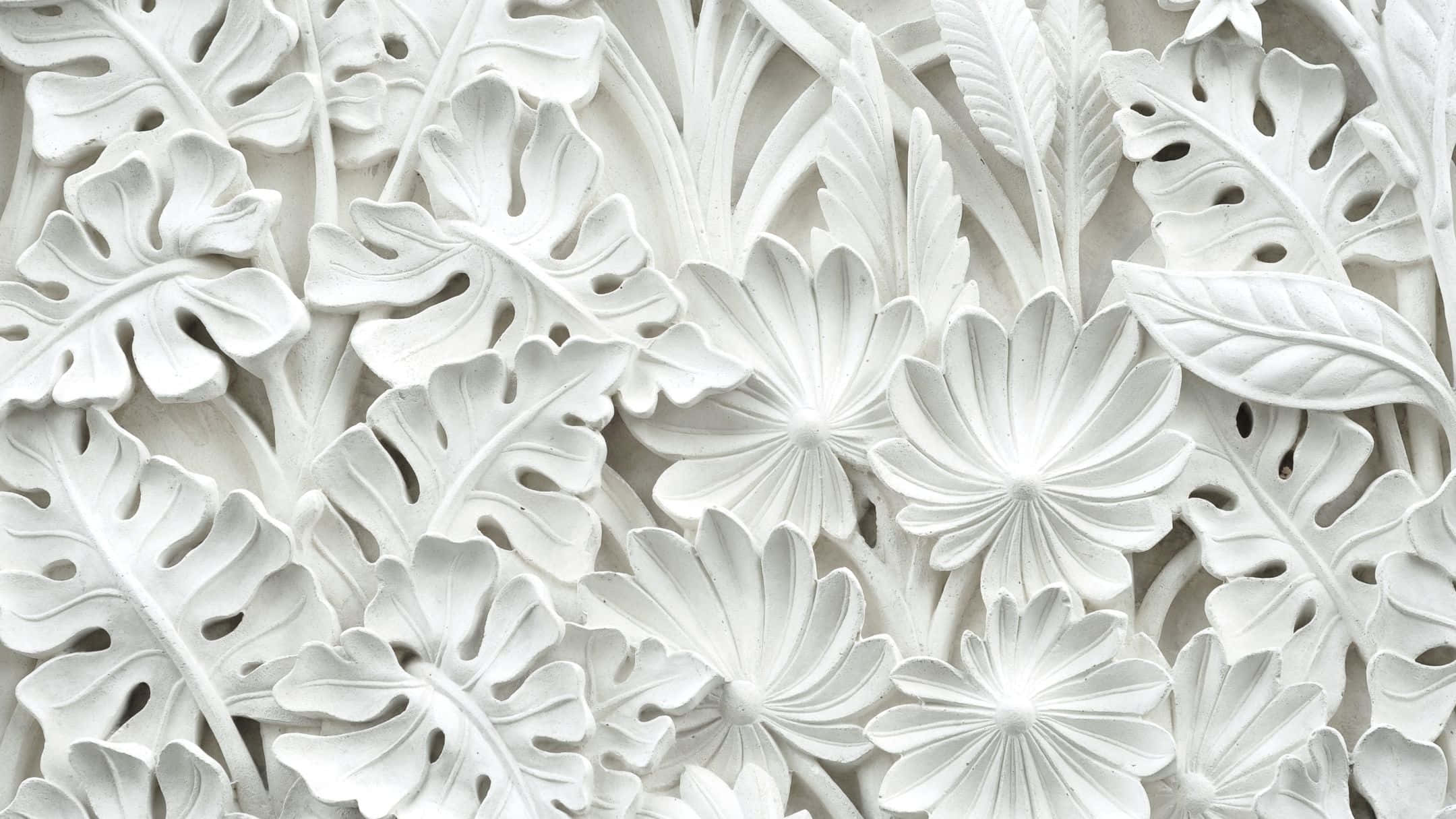 2160x1215 桌布 壁紙 — 精緻白色雕刻熱帶樹葉和花朵的特寫，營造出帶有紋理的裝飾牆板。