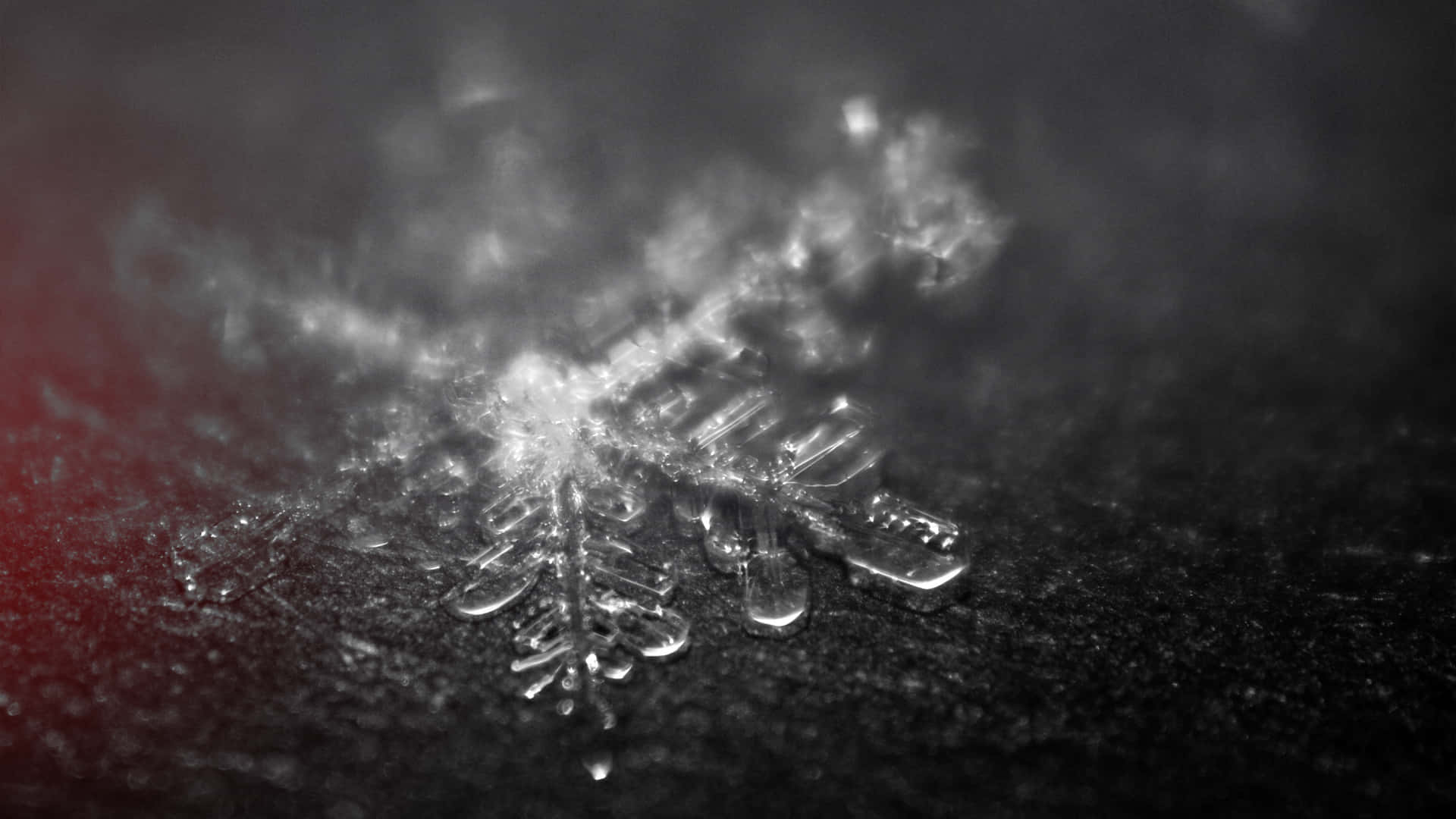 雪花 桌布 壁紙 — 精緻的冰晶帶有複雜的枝條，在黑暗的紋理表面上閃閃發光，角落有微妙的紅色光芒。