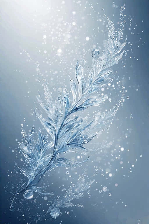 Crystal Frost Underwater Elegance 壁紙 — 精緻的冰葉樹枝在柔和的漸變藍色背景上閃爍著冰凍的水滴和漂浮的氣泡。