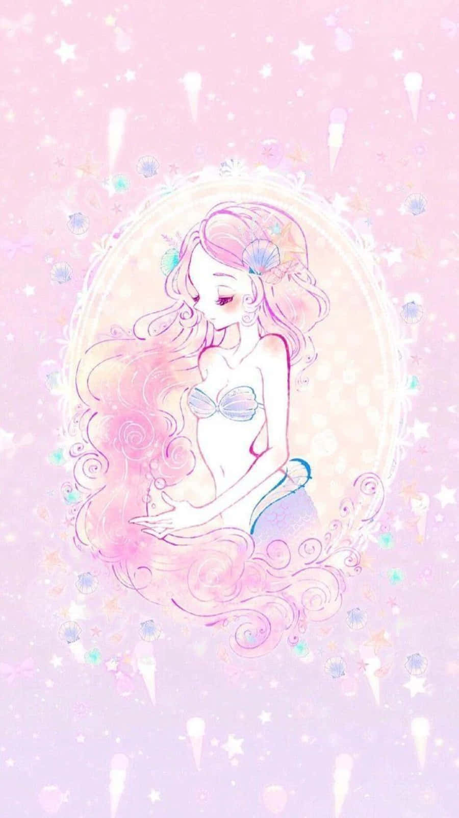 Kawaii Mermaid 桌布 壁紙 — 精緻的動漫風格美人魚，飄逸的粉紅色頭髮，優雅地坐在華麗的畫框中，背景是閃閃發光的粉彩粉紅色。