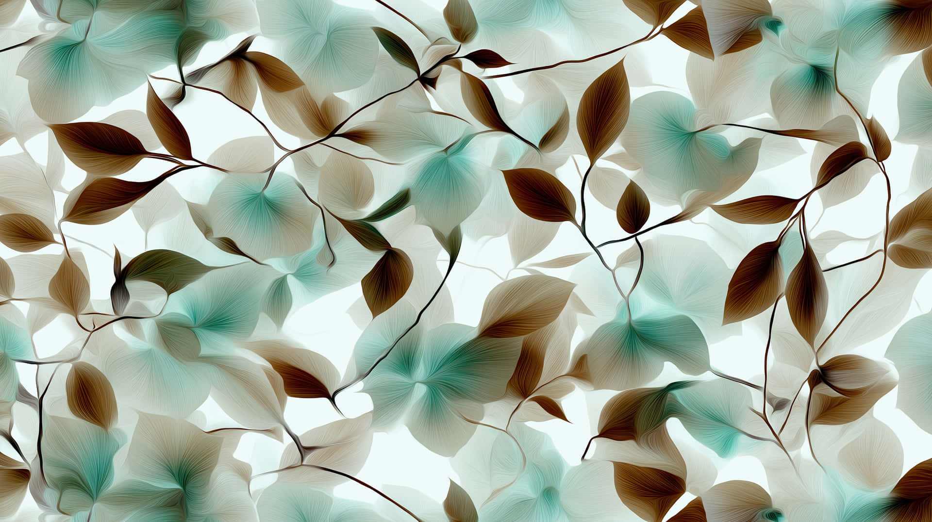Abstract Botanical Pattern with Translucent Leaves and Organic Flow 壁紙 — 精緻的半透明青綠色和棕色葉子漂浮在纖細的樹枝上，襯以柔和的白色背景。